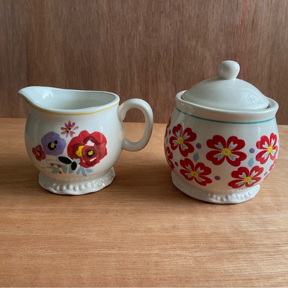 Pioneer Woman flea market cream and sugar bowl set dishes ceramic floral coffee - Picture 1 of 7